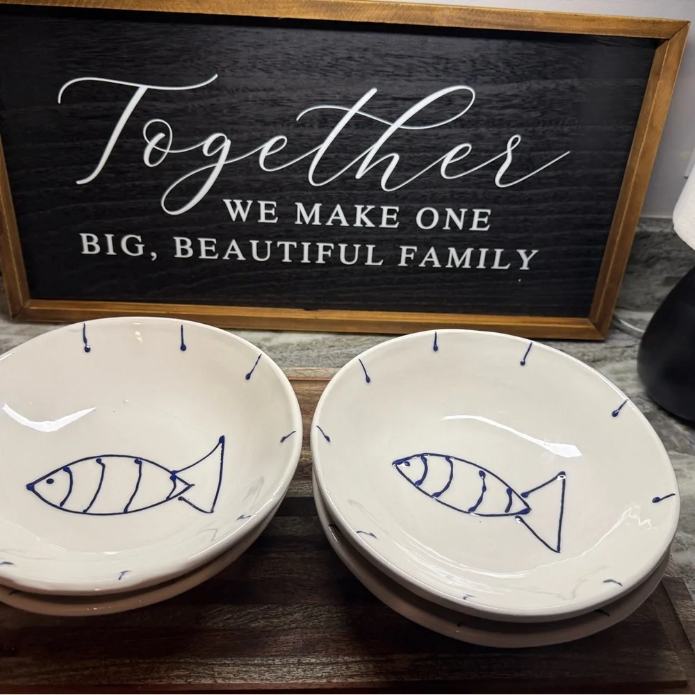 Italian-made ceramic bowls hand-painted blue fish motif Round Dishwasher Safe
